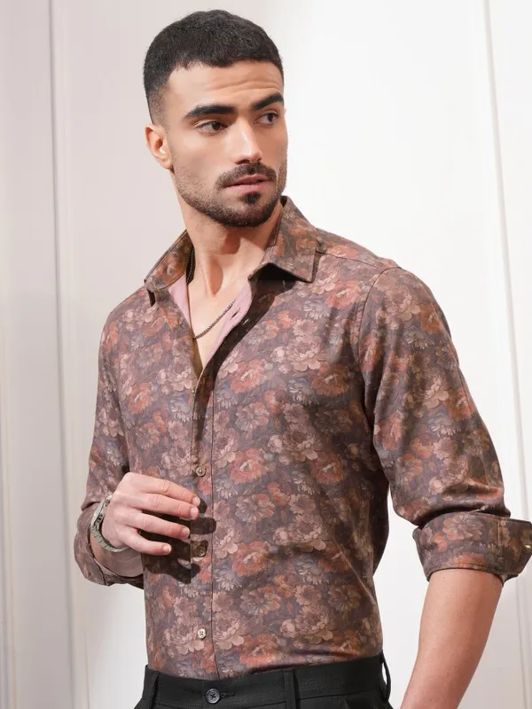 Locomotive Men Rust Printed Slim Fit Casual Shirt