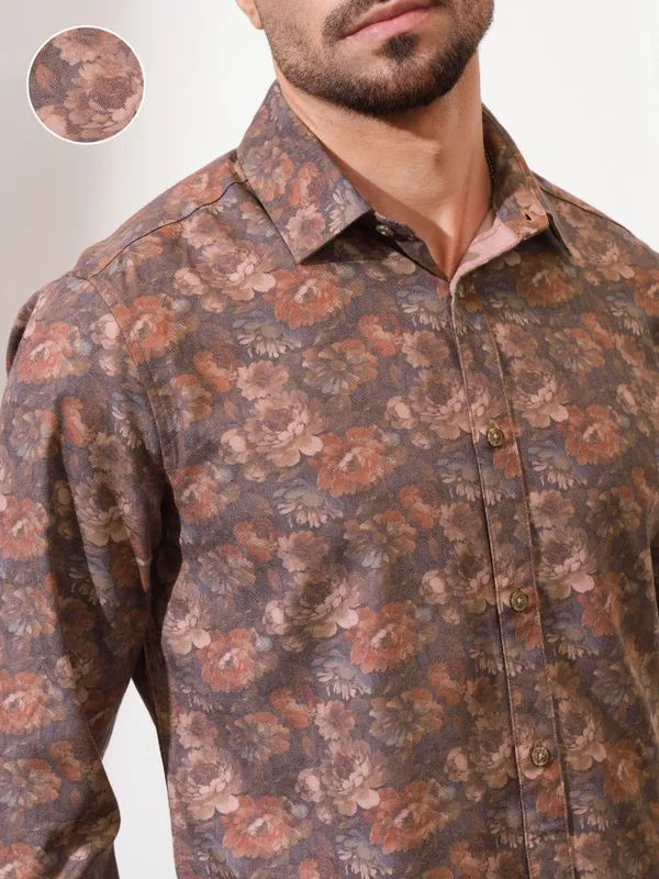 Locomotive Men Rust Printed Slim Fit Casual Shirt