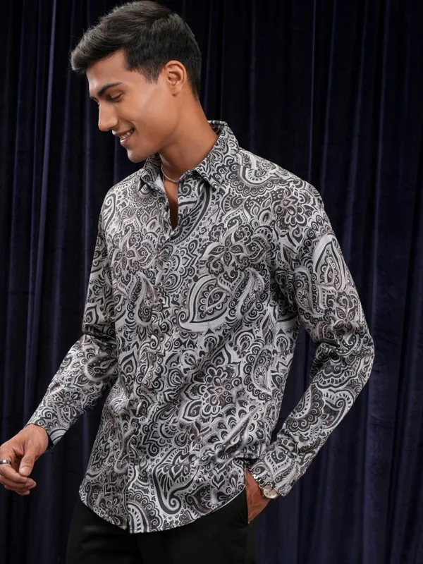 Locomotive Men Grey Printed Slim Fit Casual Shirt