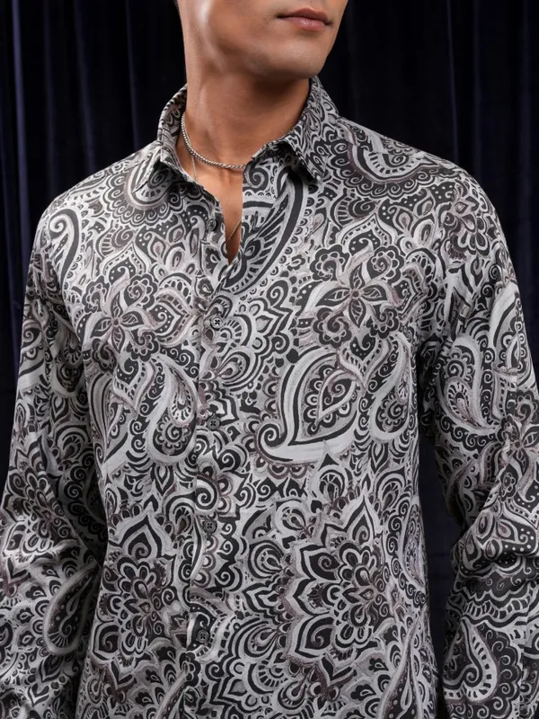 Locomotive Men Grey Printed Slim Fit Casual Shirt
