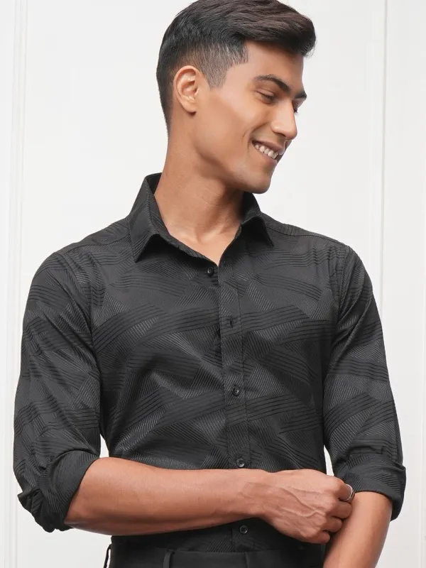 Locomotive Men Black Self Design Slim Fit Casual Shirt