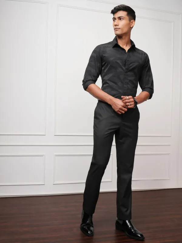 Locomotive Men Black Self Design Slim Fit Casual Shirt