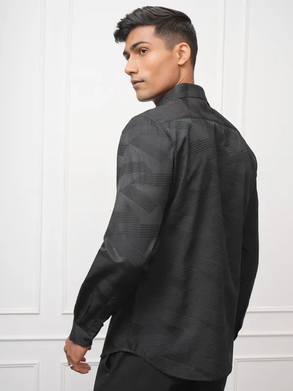 Locomotive Men Black Self Design Slim Fit Casual Shirt
