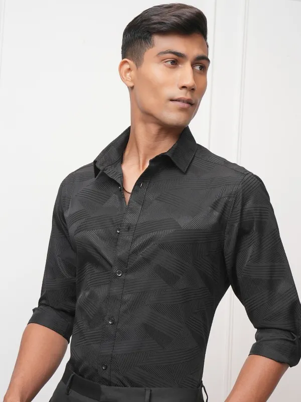 Locomotive Men Black Self Design Slim Fit Casual Shirt
