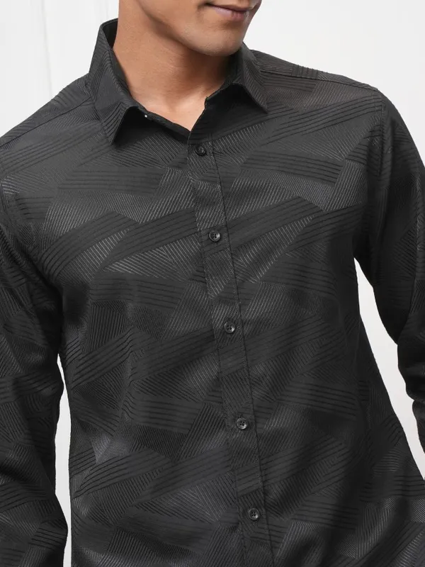 Locomotive Men Black Self Design Slim Fit Casual Shirt
