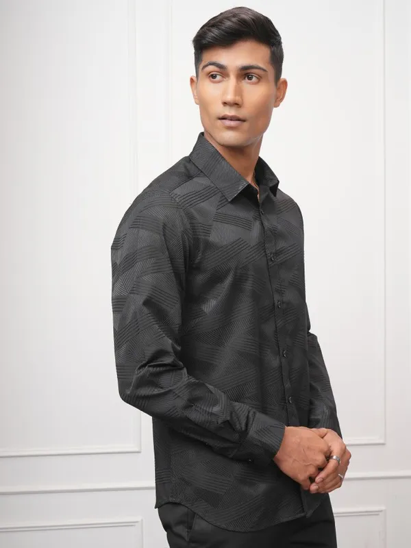 Locomotive Men Black Self Design Slim Fit Casual Shirt