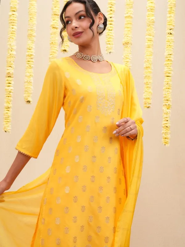 Vishudh Women Yellow Printed Kurta With Trousers And Dupatta
