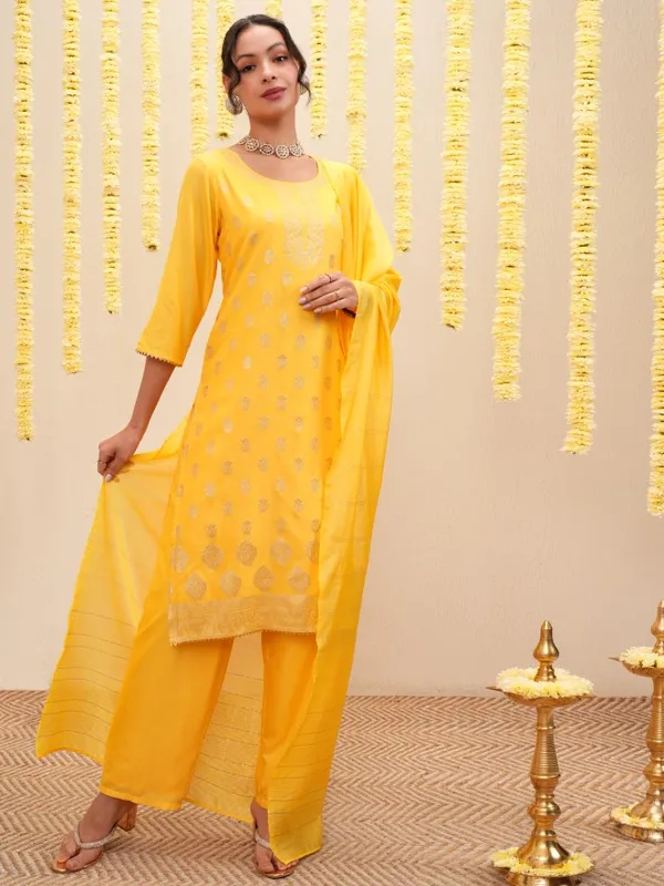 Vishudh Women Yellow Printed Kurta With Trousers And Dupatta