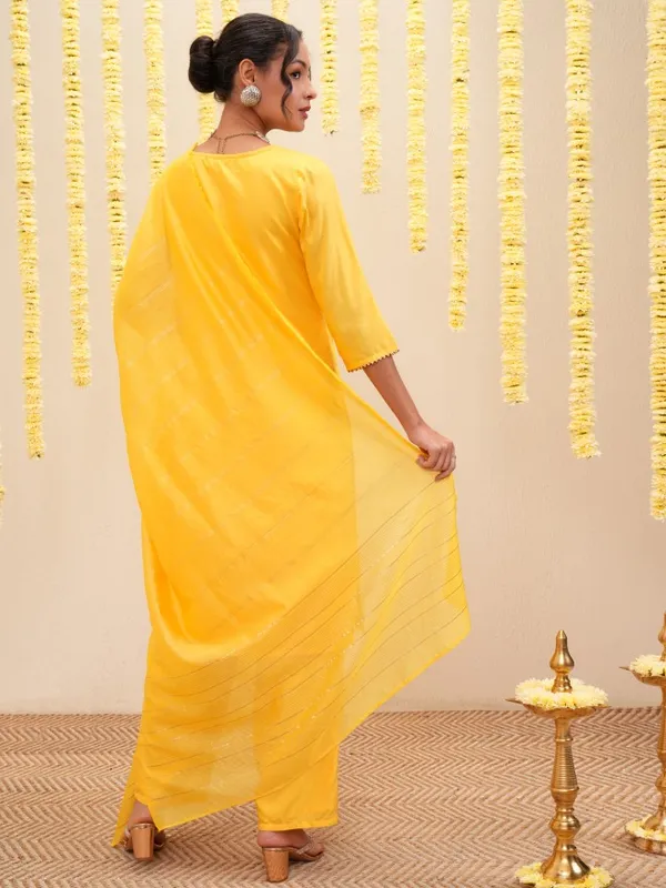 Vishudh Women Yellow Printed Kurta With Trousers And Dupatta