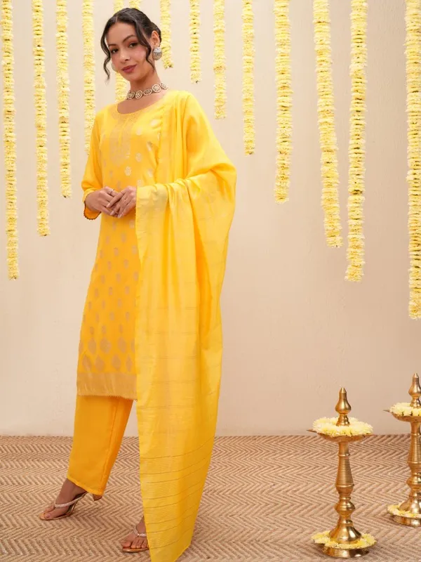 Vishudh Women Yellow Printed Kurta With Trousers And Dupatta