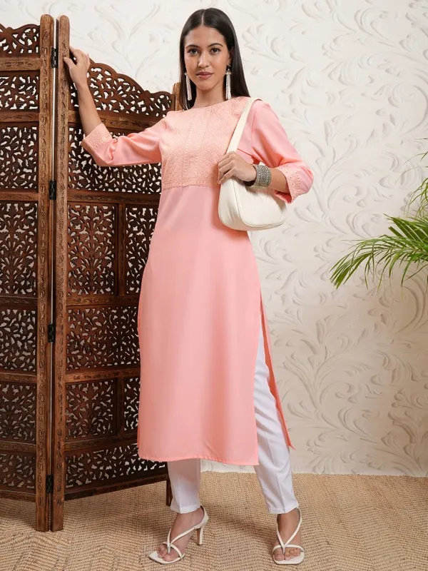 Vishudh Women Peach Embroidered Straight Kurta