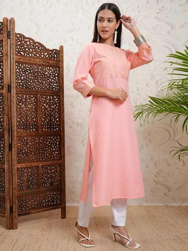 Vishudh Women Peach Embroidered Straight Kurta
