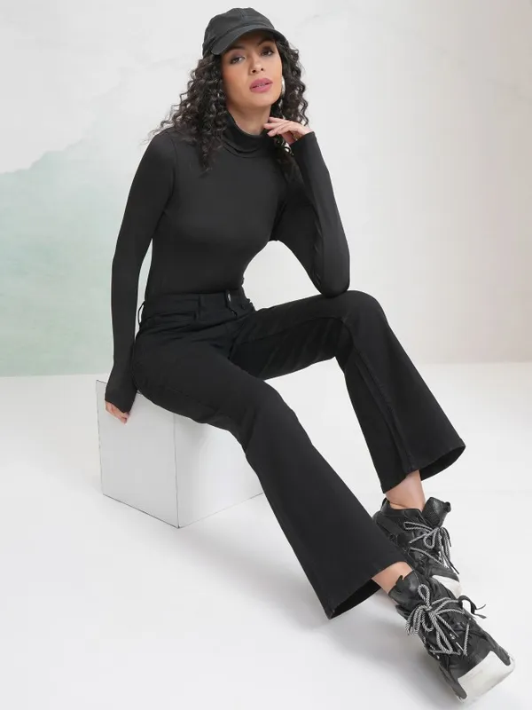 Tokyo Talkies Women Black Solid Fitted Top