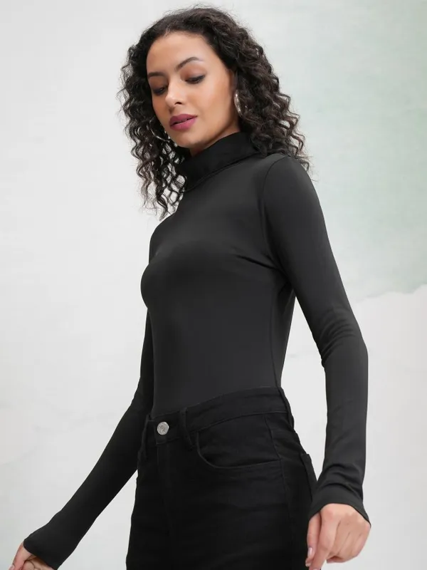 Tokyo Talkies Women Black Solid Fitted Top