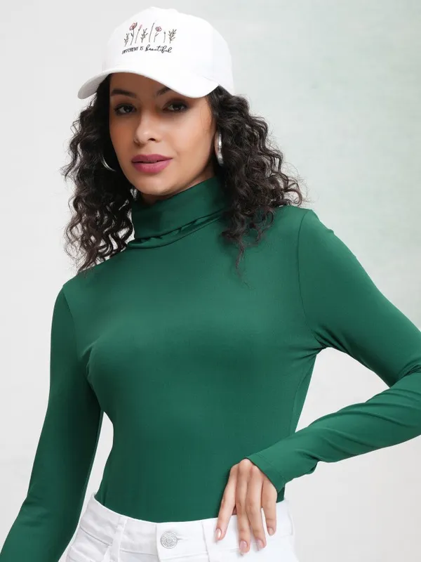Tokyo Talkies Women Green Solid Fitted Top