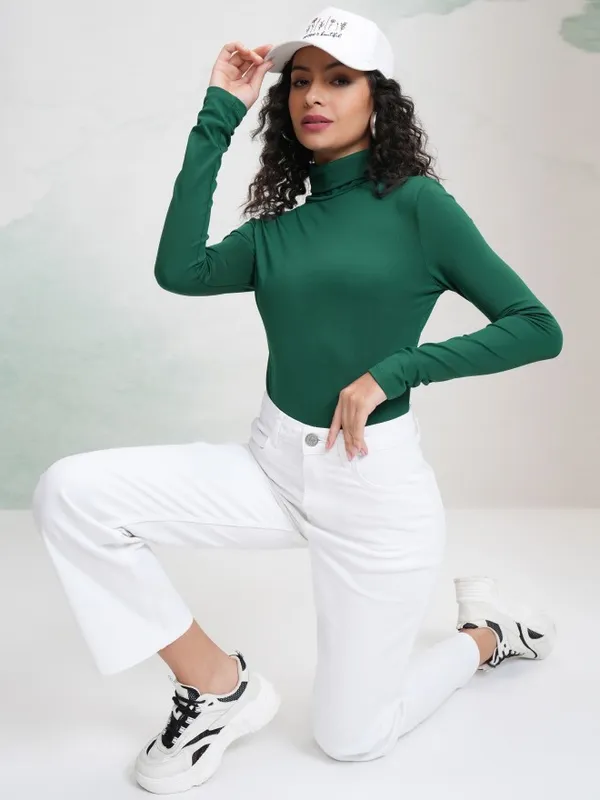 Tokyo Talkies Women Green Solid Fitted Top