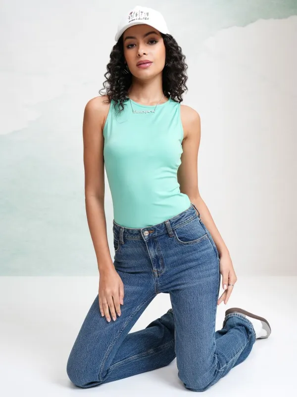 Tokyo Talkies Women Green Solid Fitted Top