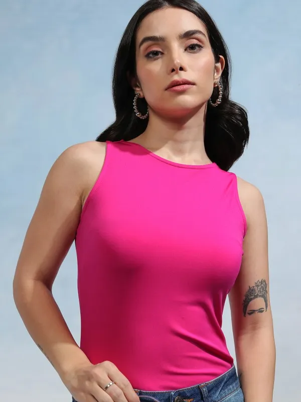 Tokyo Talkies Women Pink Solid Fitted Top