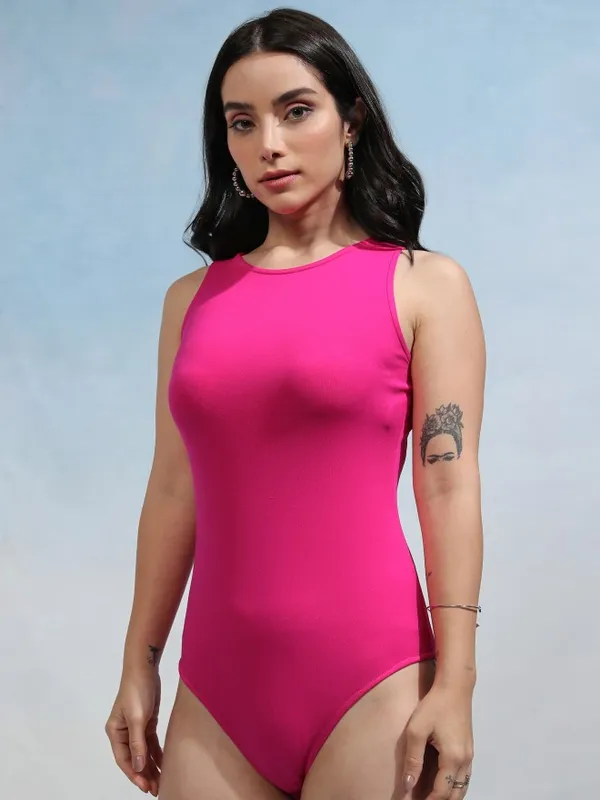 Tokyo Talkies Women Pink Solid Fitted Top