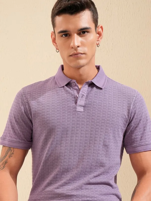 Highlander Men Lavender Self Design Polo Collar T-Shirt
