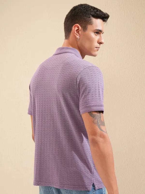 Highlander Men Lavender Self Design Polo Collar T-Shirt