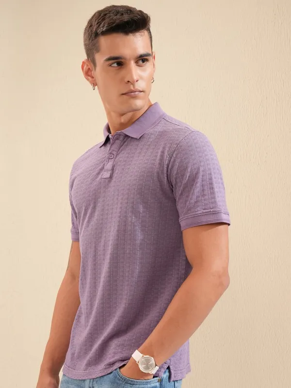 Highlander Men Lavender Self Design Polo Collar T-Shirt