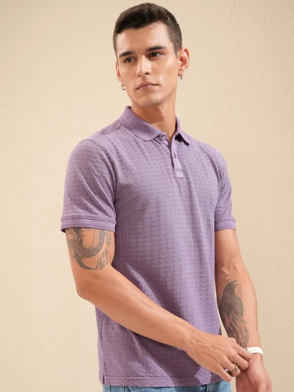 Highlander Men Lavender Self Design Polo Collar T-Shirt