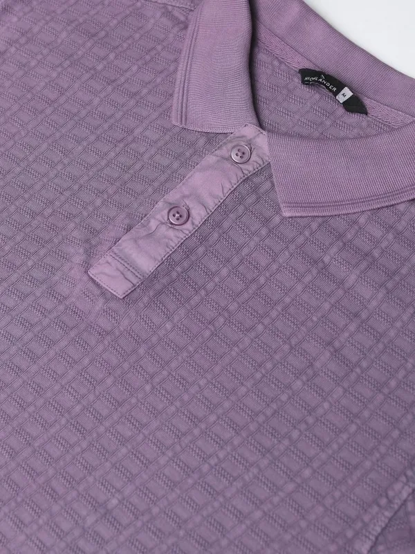 Highlander Men Lavender Self Design Polo Collar T-Shirt