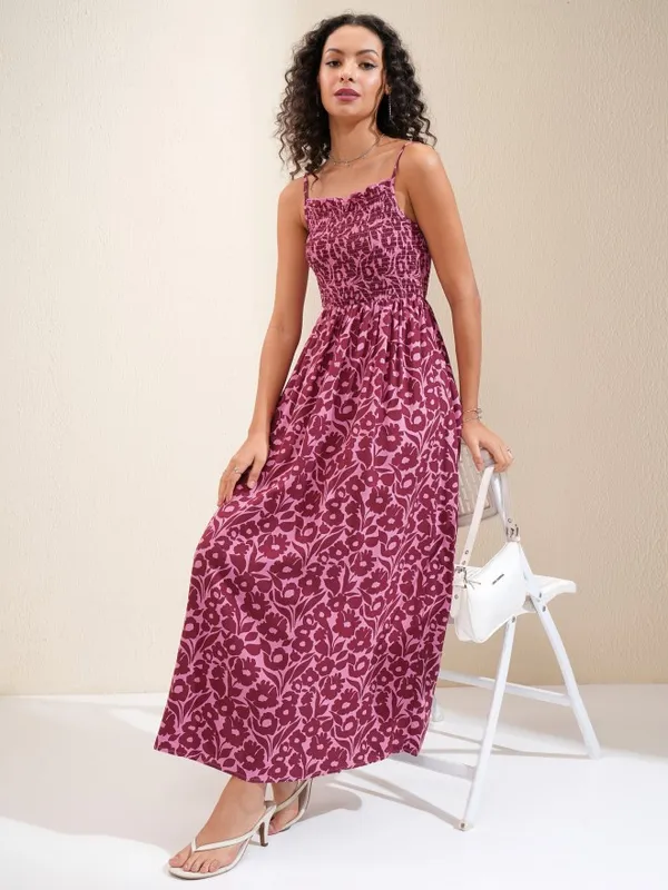Tokyo Talkies Women Maroon Printed Fit and Flare Dress