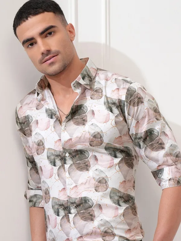Locomotive Men Off White Printed Slim Fit Casual Shirt