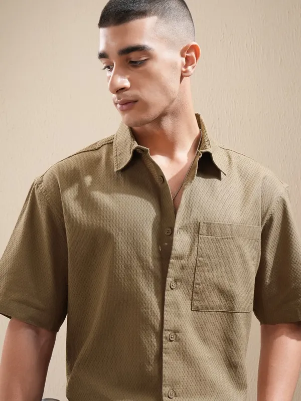 Highlander Men Khaki Textured Oversized Fit Casual Shirt