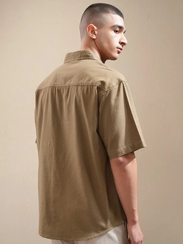 Highlander Men Khaki Textured Oversized Fit Casual Shirt