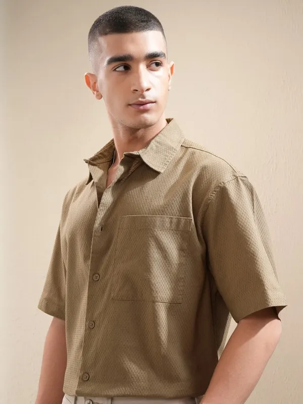 Highlander Men Khaki Textured Oversized Fit Casual Shirt