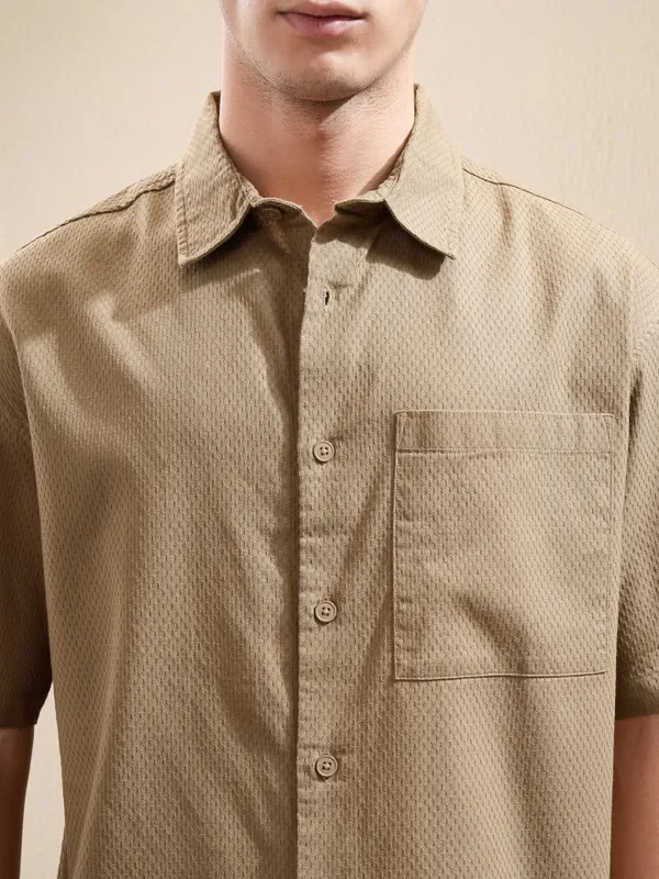 Highlander Men Khaki Textured Oversized Fit Casual Shirt
