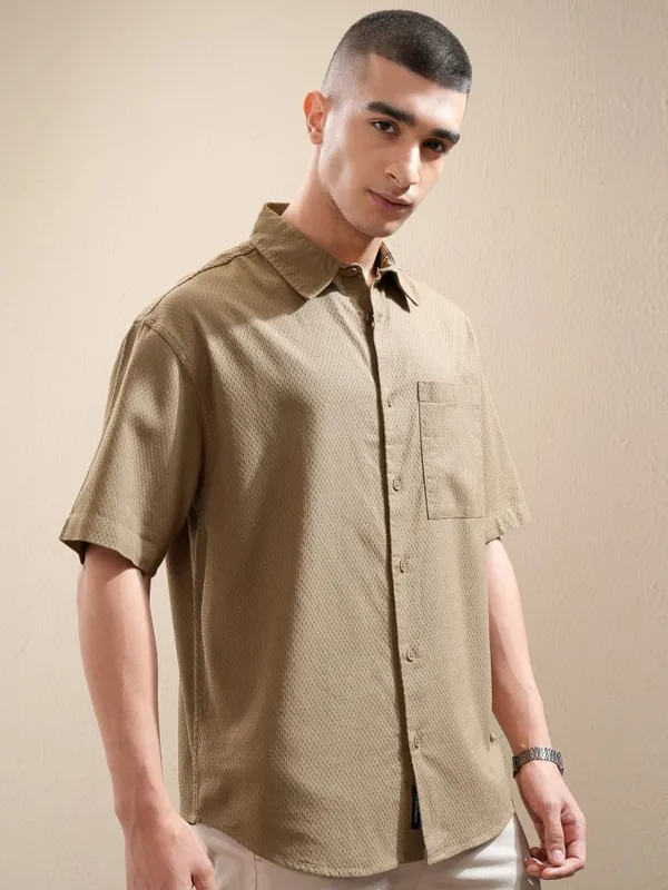 Highlander Men Khaki Textured Oversized Fit Casual Shirt