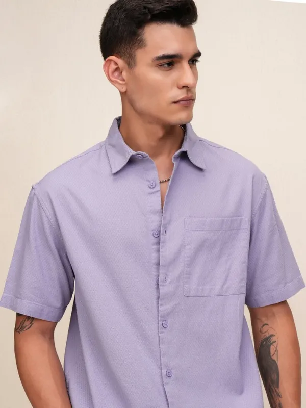 Highlander Men Purple Textured Oversized Fit Casual Shirt