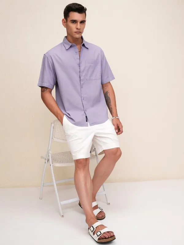 Highlander Men Purple Textured Oversized Fit Casual Shirt