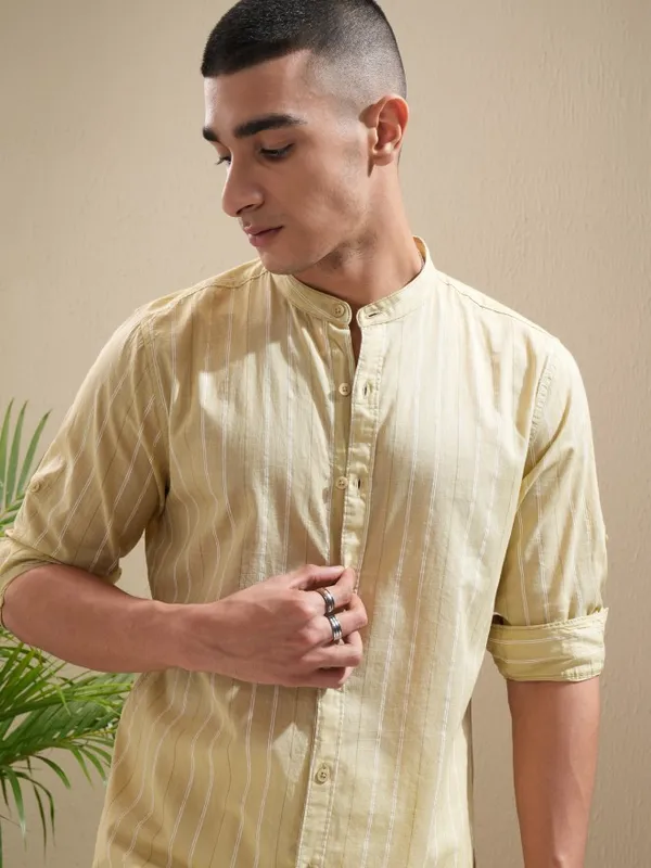 Highlander Men Mustard Striped Regular Fit Casual Shirt
