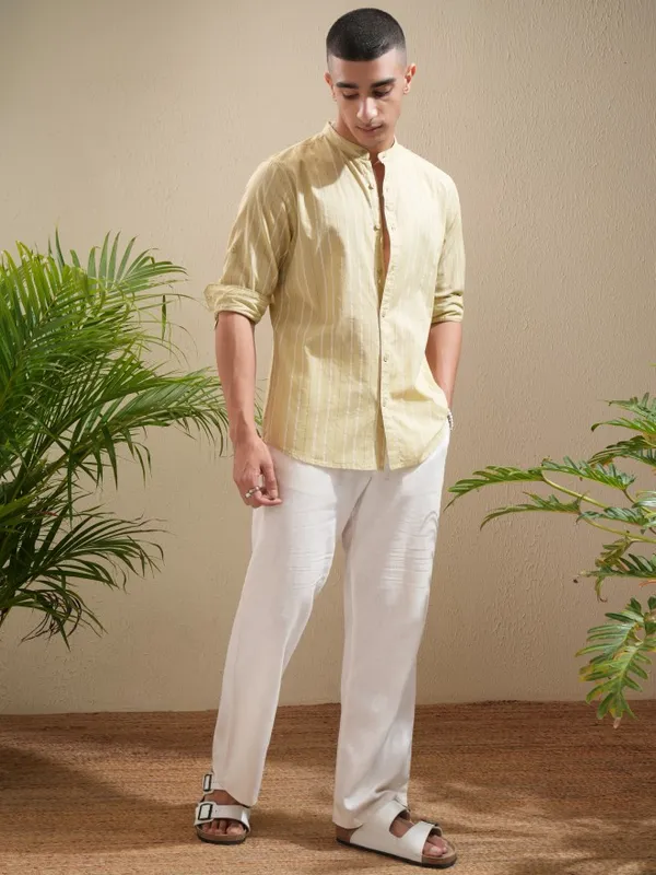 Highlander Men Mustard Striped Regular Fit Casual Shirt