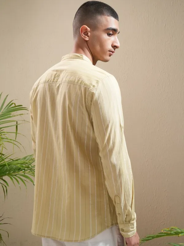 Highlander Men Mustard Striped Regular Fit Casual Shirt