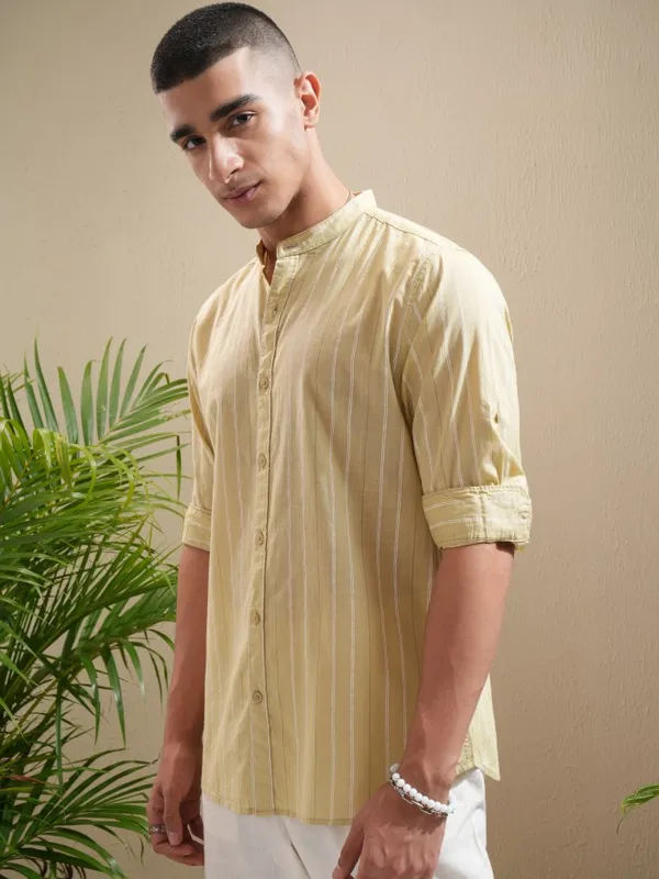 Highlander Men Mustard Striped Regular Fit Casual Shirt