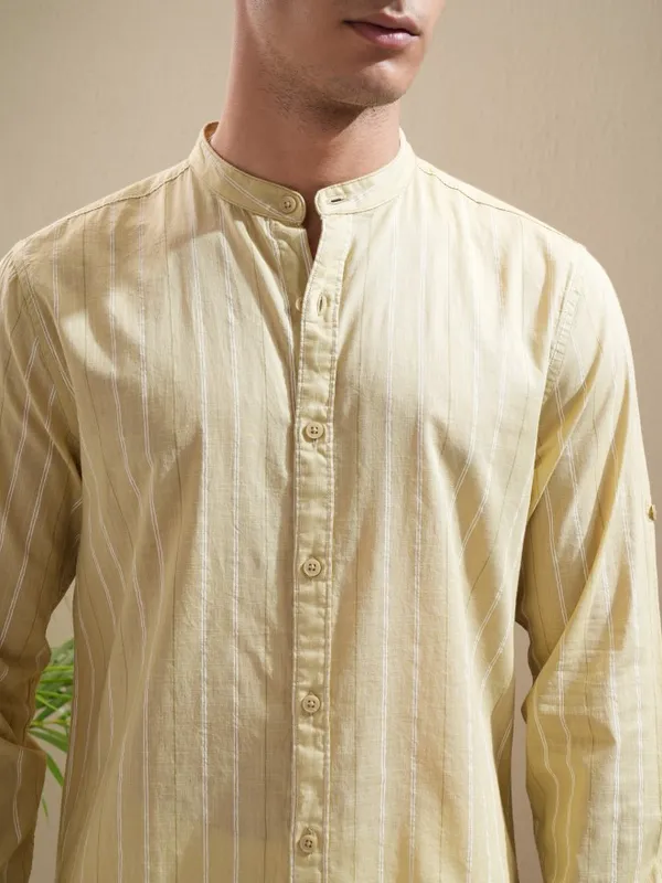 Highlander Men Mustard Striped Regular Fit Casual Shirt
