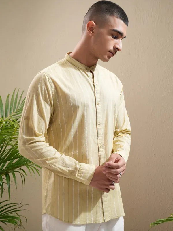 Highlander Men Mustard Striped Regular Fit Casual Shirt