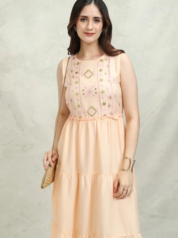 Vishudh Women Peach Embroidered Fit and Flare Dress