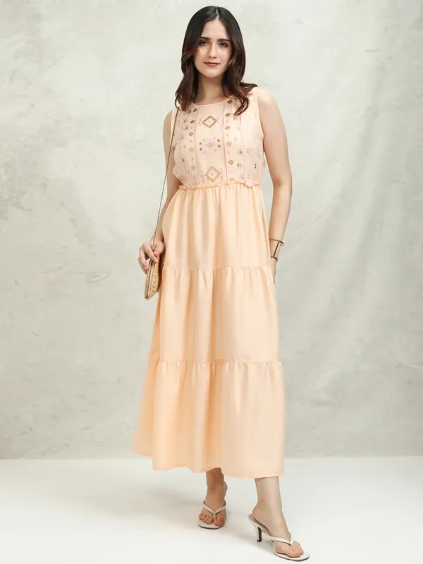 Vishudh Women Peach Embroidered Fit and Flare Dress