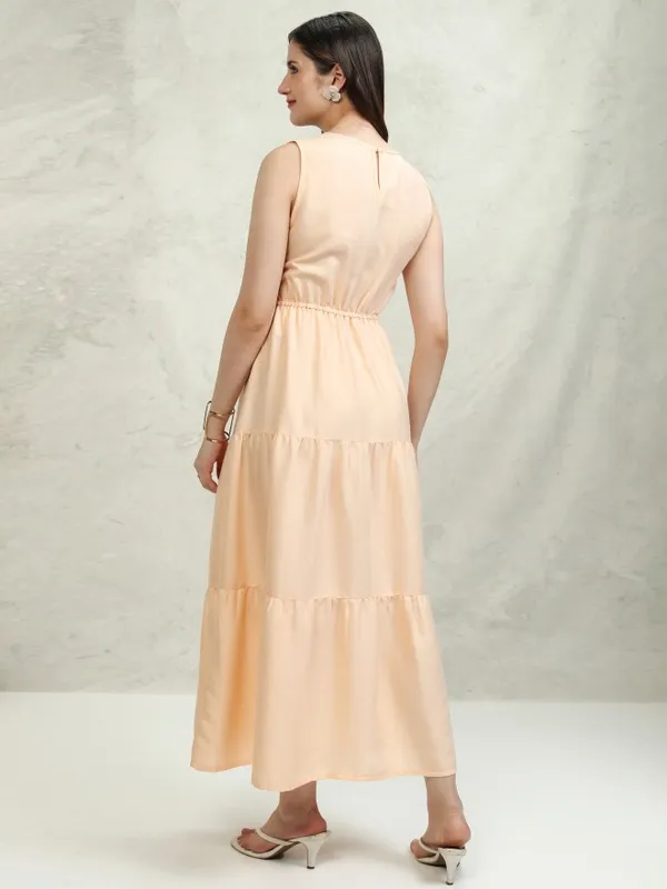 Vishudh Women Peach Embroidered Fit and Flare Dress