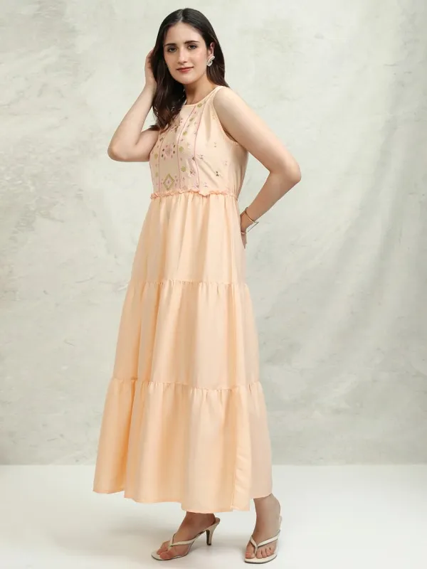 Vishudh Women Peach Embroidered Fit and Flare Dress