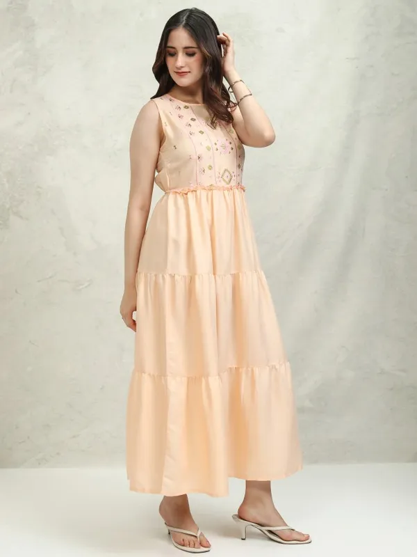 Vishudh Women Peach Embroidered Fit and Flare Dress