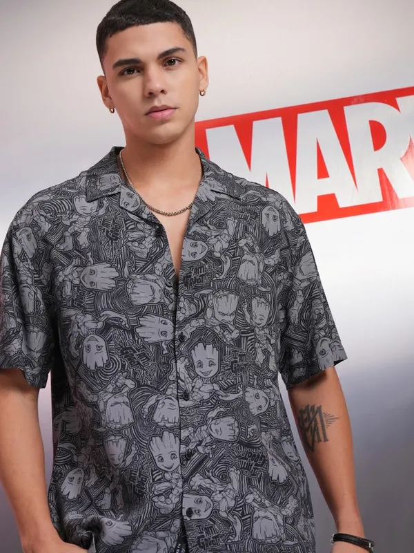 Marvel By Highlander Men Black Groot Printed Relaxed Fit Casual Shirt