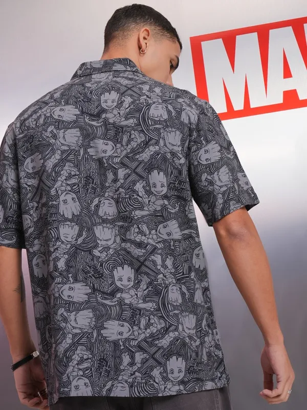 Marvel By Highlander Men Black Groot Printed Relaxed Fit Casual Shirt